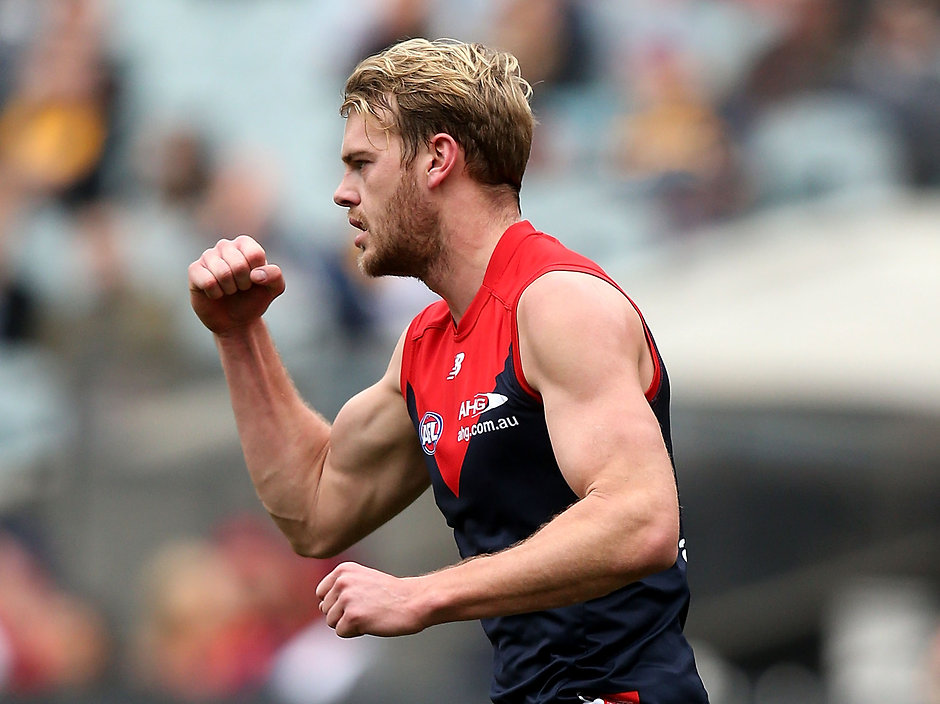 AFL 2016 Rd 20 - Melbourne v Hawthorn MELBOURNE, AUSTRALIA - AUGUST 06: Jack Watts of the Demons celebrates a goal during the 2016 AFL Round 20 match between the Melbourne Demons and the Hawthorn Hawks at the Melbourne Cricket Ground on August 06, 2016 in Melbourne, Australia. (Photo by Justine Walker/AFL Media)